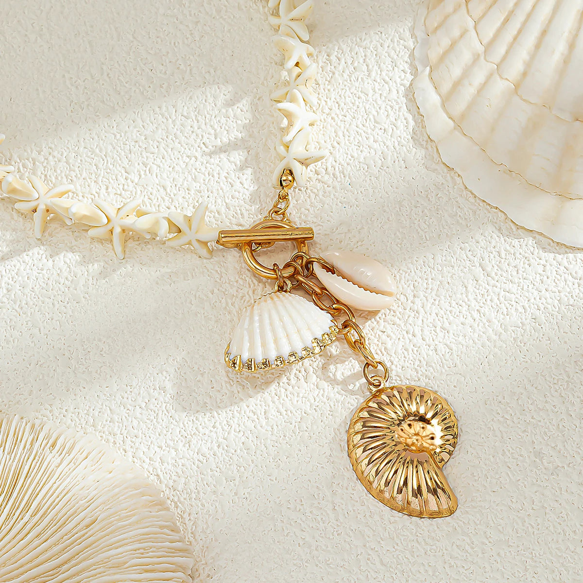 Boho White Starfish & Conch Shell Pendant Necklace