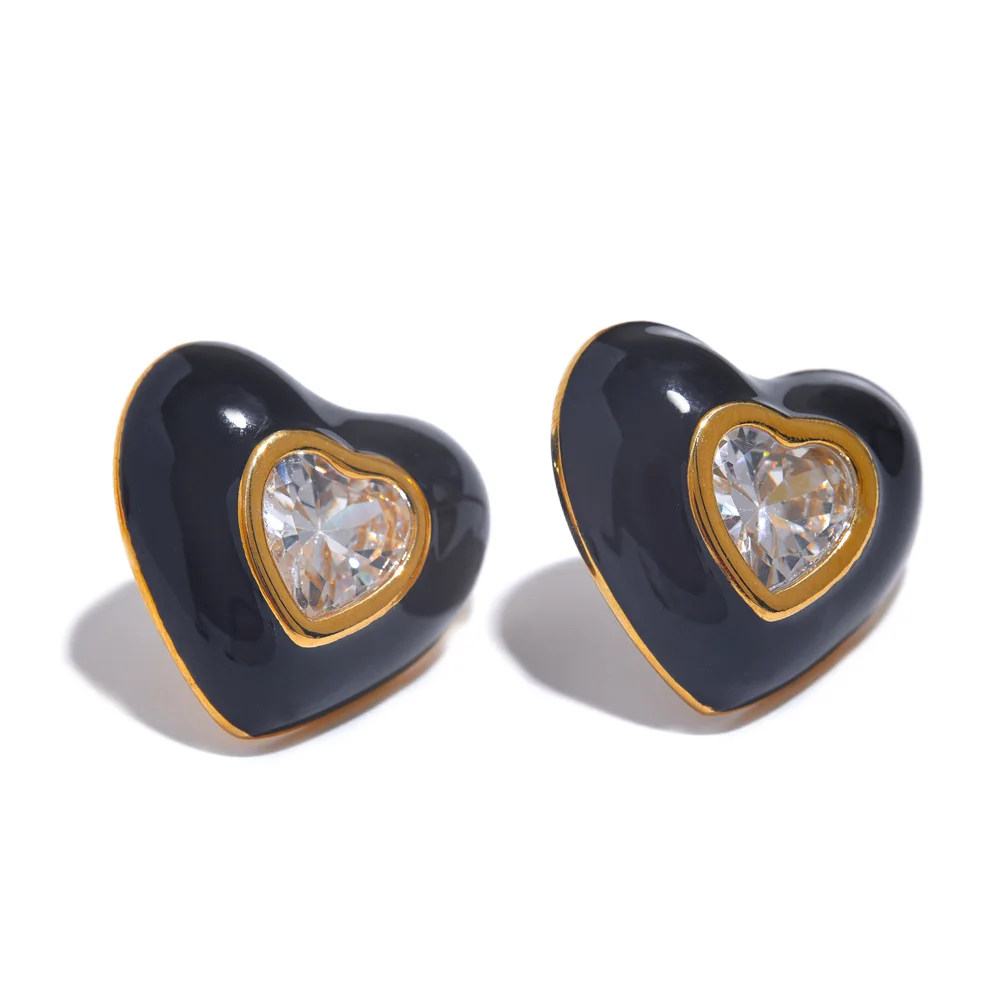 Enamel Shiny Cubic Zirconia Heart Stud Earrings