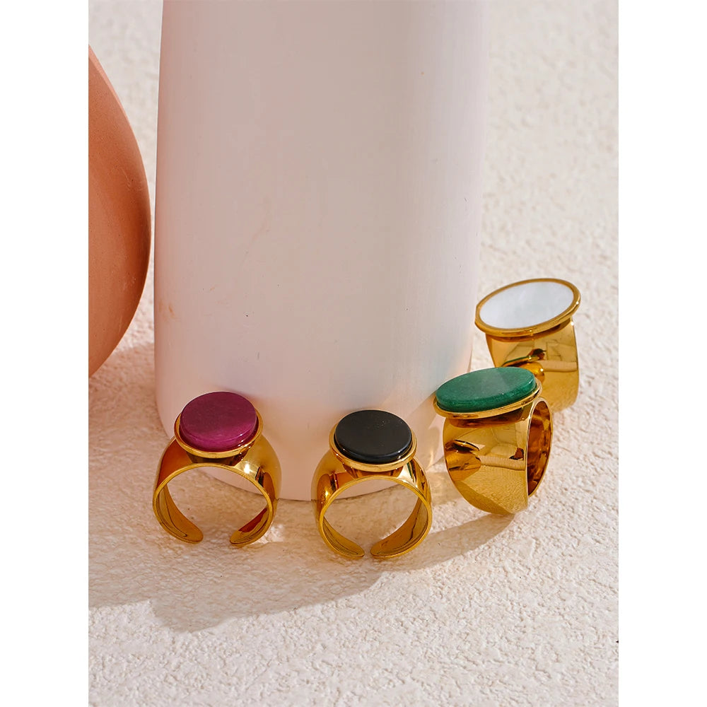 Stone Stainless Steel Gold Color Wide Ring