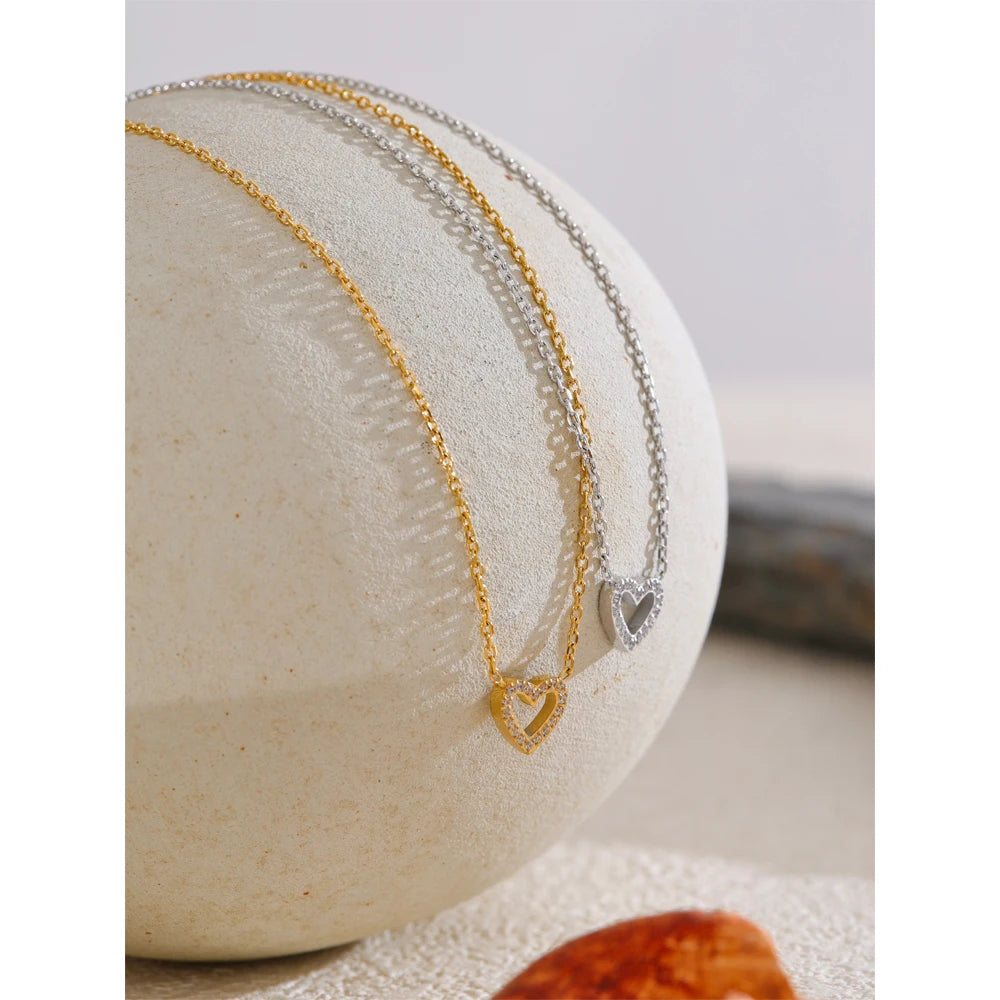 Korean Style Shiny Cubic Zirconia Hollow Heart Necklace