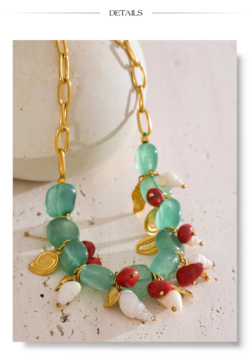 Handmade Green Natural Stone & Conch Shell Drop Necklace