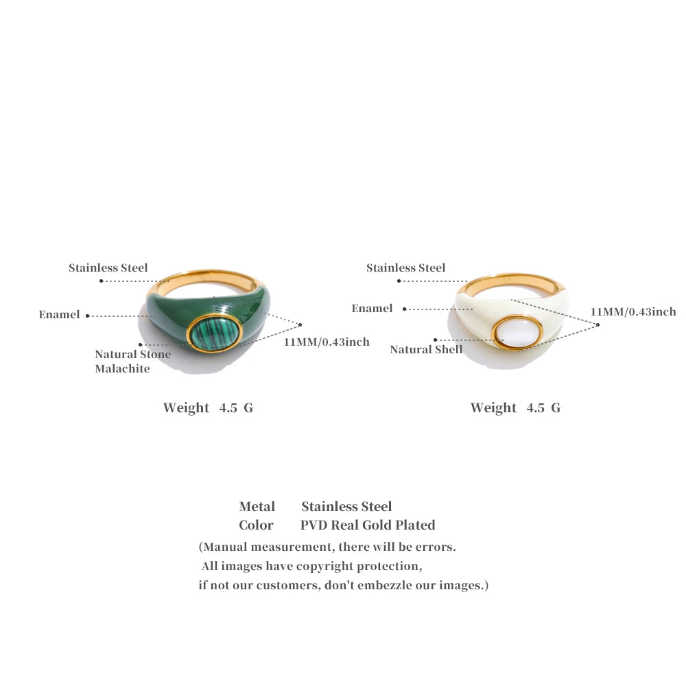White & Green Enamel Malachite Shell Fashion Ring