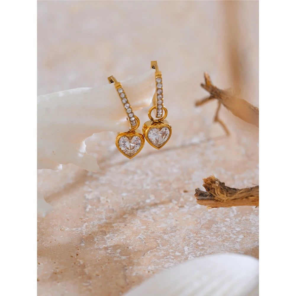 CZ Heart Drop Hoop Earrings