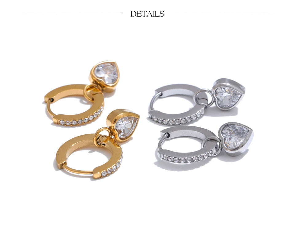 CZ Heart Drop Hoop Earrings