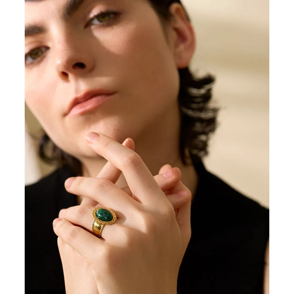 Wide Chunky Stainless Steel Ring with Inlaid Tiger Eye Stone