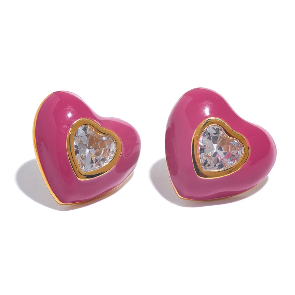 Enamel Shiny Cubic Zirconia Heart Stud Earrings