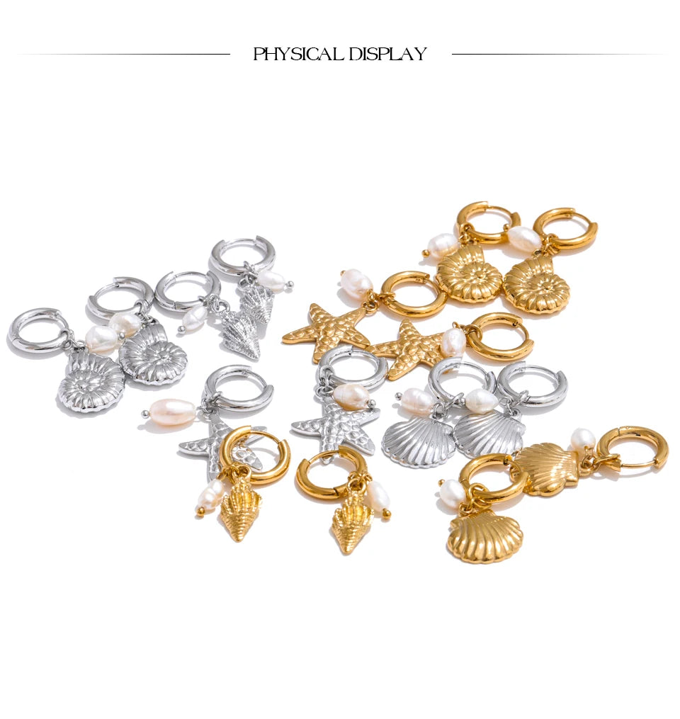 Ocean Style Natural Pearl & Conch Shell Starfish Drop Hoop Earrings