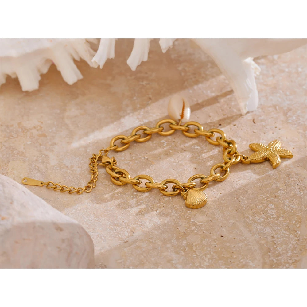 Stainless Steel 18K Gold PVD Plated Ocean Charm Bracelet