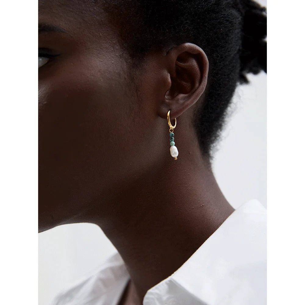 Natural Stone & Freshwater Pearl Drop Hoop Earrings
