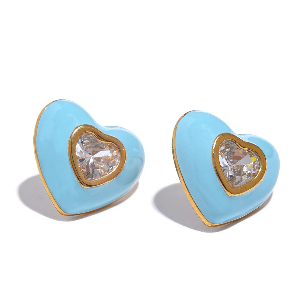 Enamel Shiny Cubic Zirconia Heart Stud Earrings