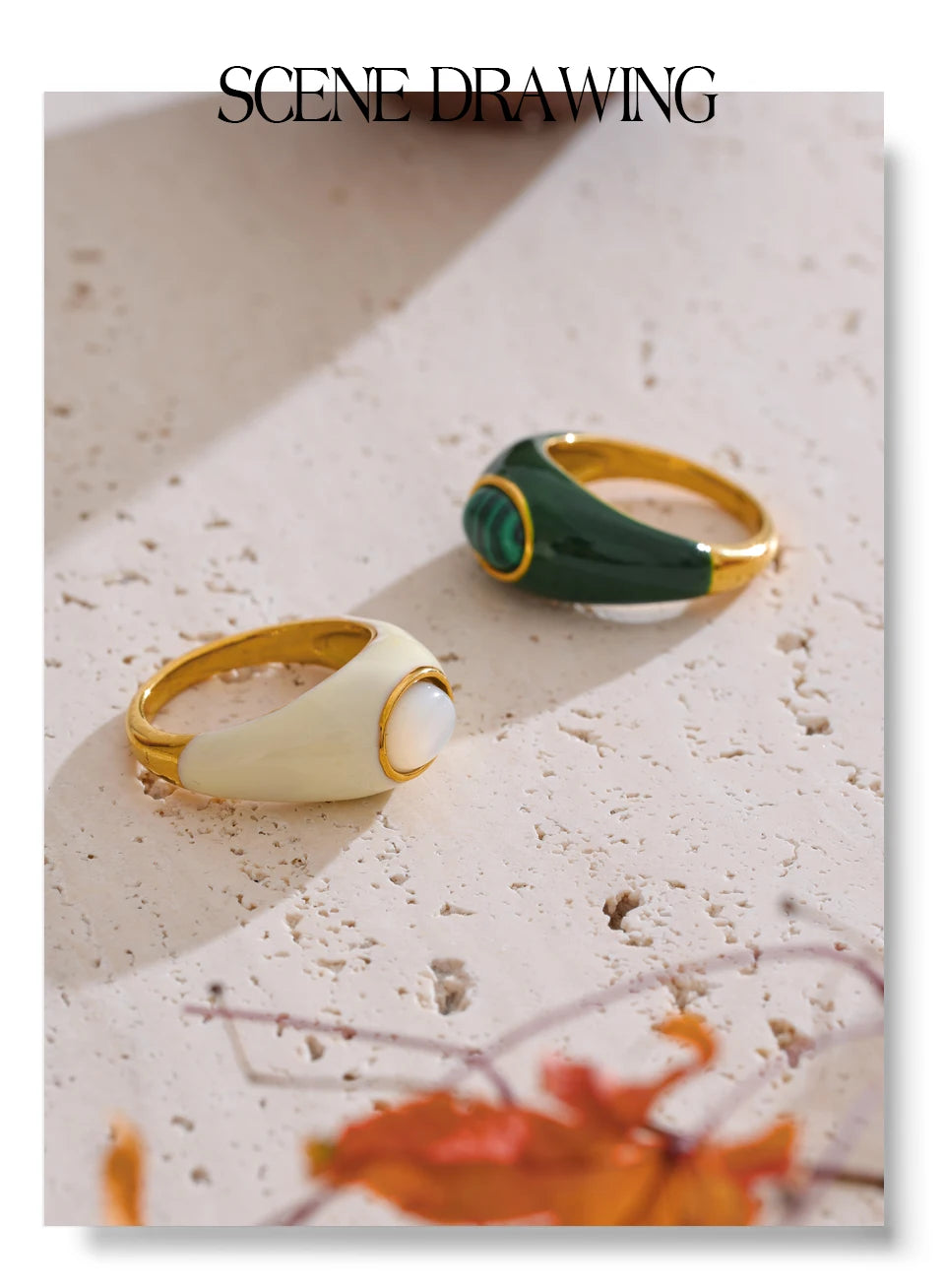 White & Green Enamel Malachite Shell Fashion Ring