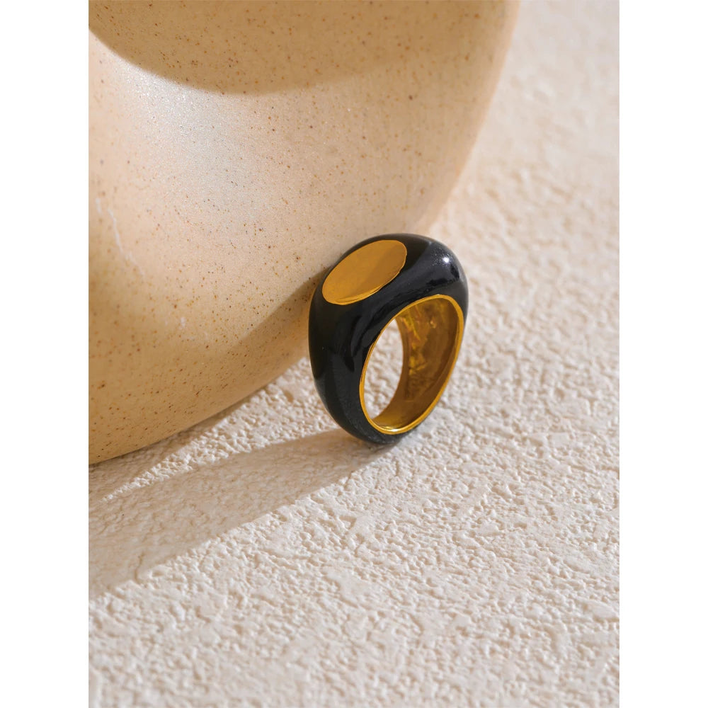 Stainless Steel Black Enamel Geometric Ring