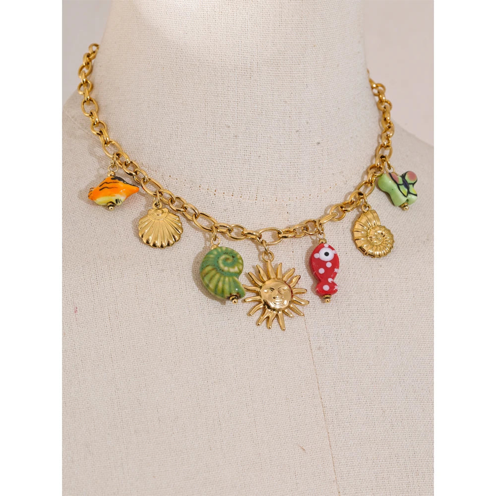 Ocean Style Ceramic Conch, Fish, Butterfly & Sun Drop Necklace