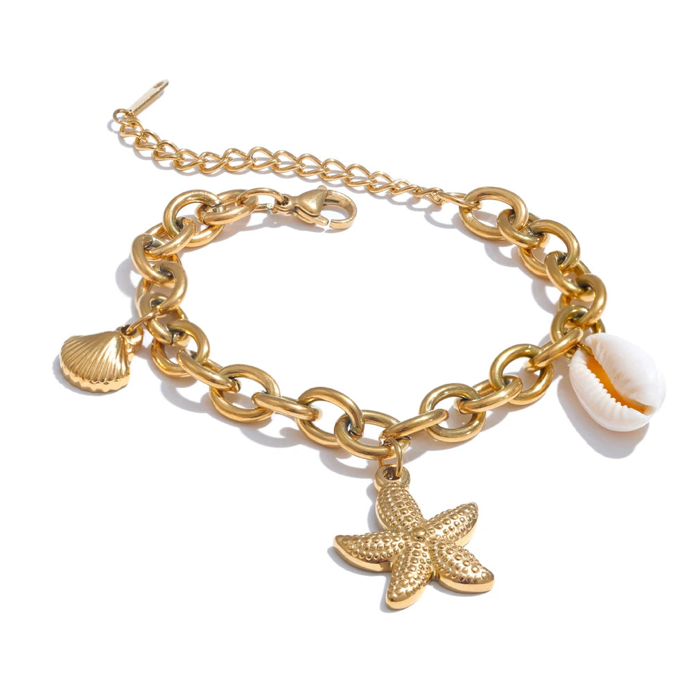 Stainless Steel 18K Gold PVD Plated Ocean Charm Bracelet