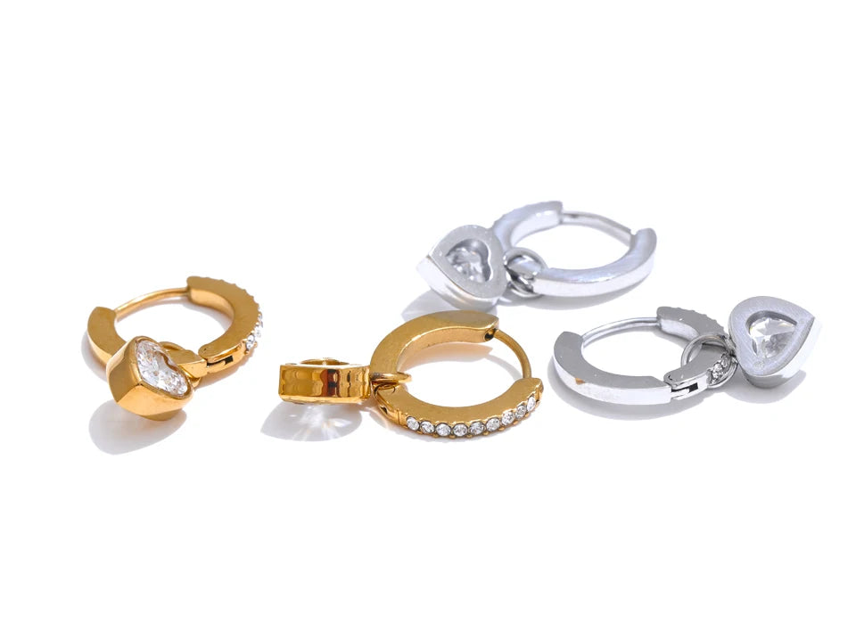CZ Heart Drop Hoop Earrings