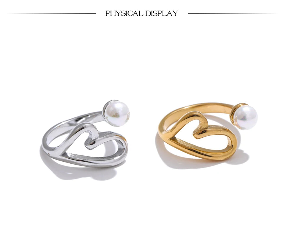 Hollow Heart Pearl Adjustable Ring