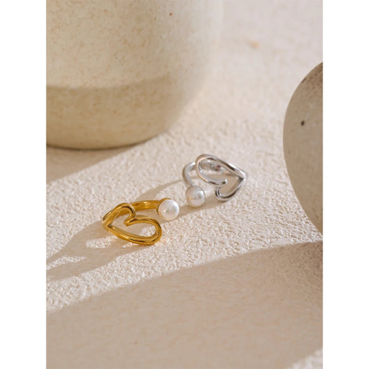 Hollow Heart Pearl Adjustable Ring