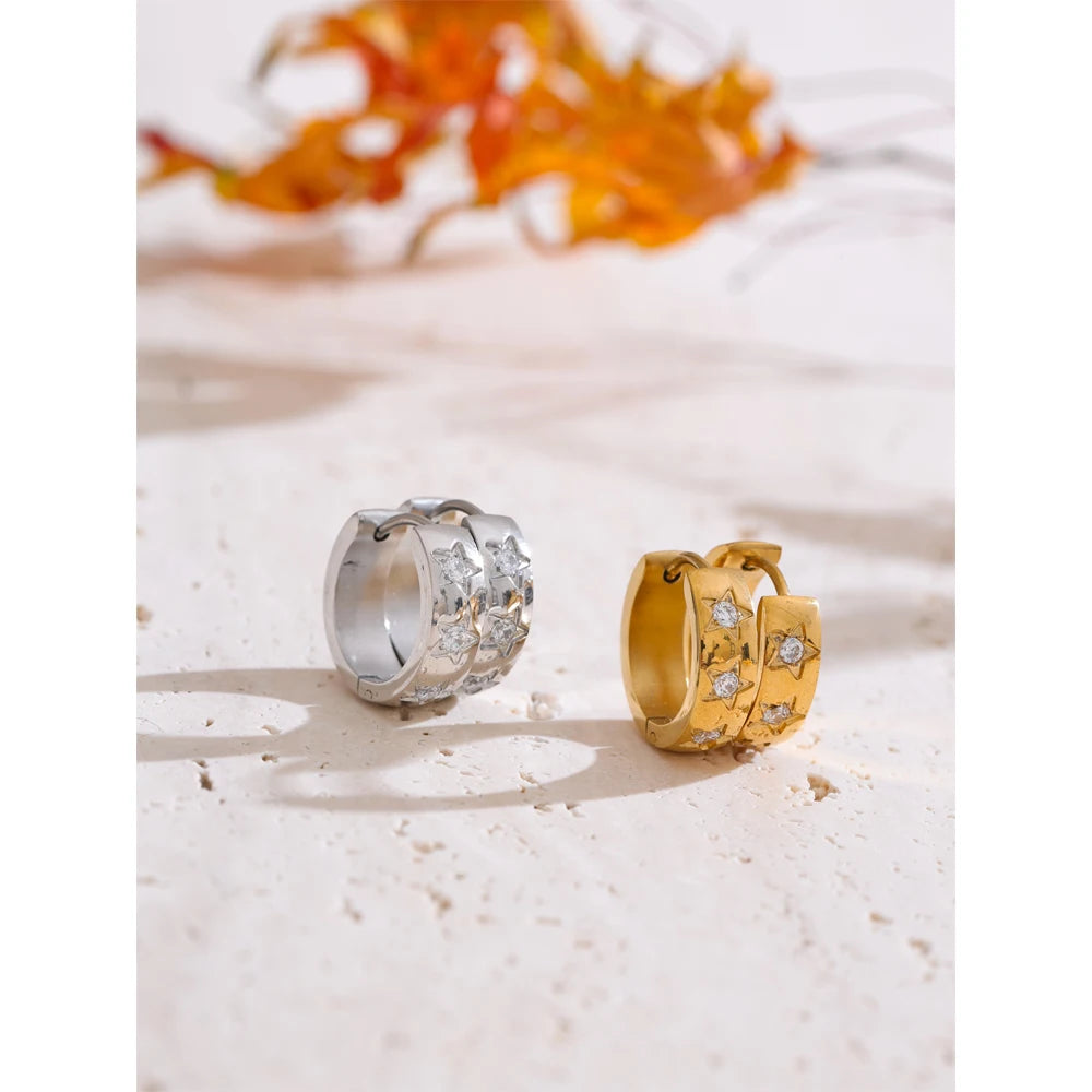 Zirconia Star Round Daily Hoop Earrings
