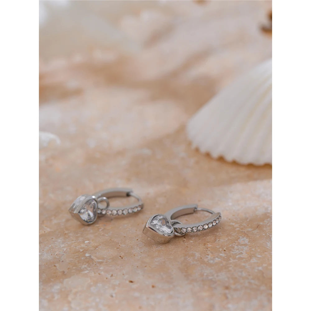 CZ Heart Drop Hoop Earrings