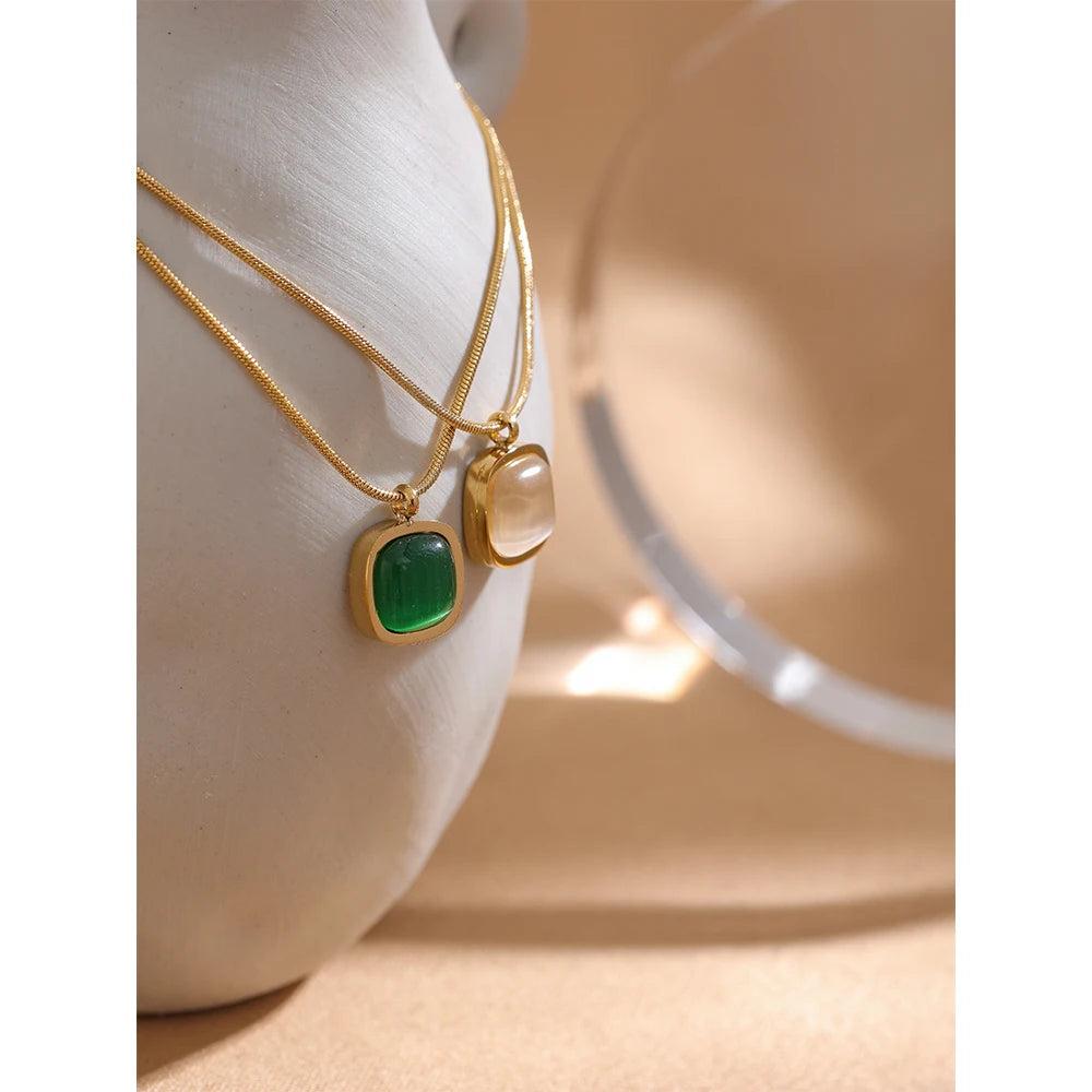 Square Green Opal Stone Pendant Necklace