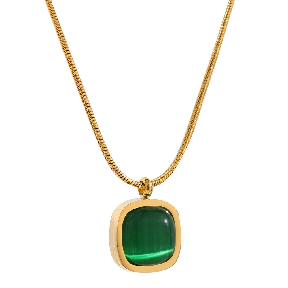Square Green Opal Stone Pendant Necklace