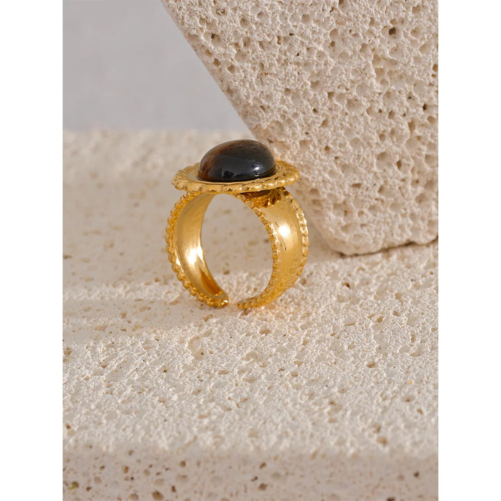 Wide Chunky Stainless Steel Ring with Inlaid Tiger Eye Stone