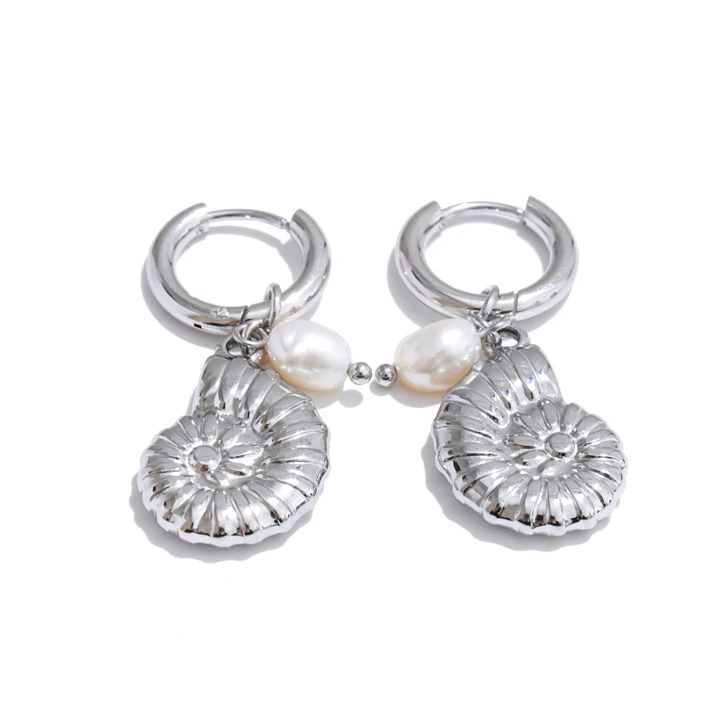 Ocean Style Natural Pearl & Conch Shell Starfish Drop Hoop Earrings