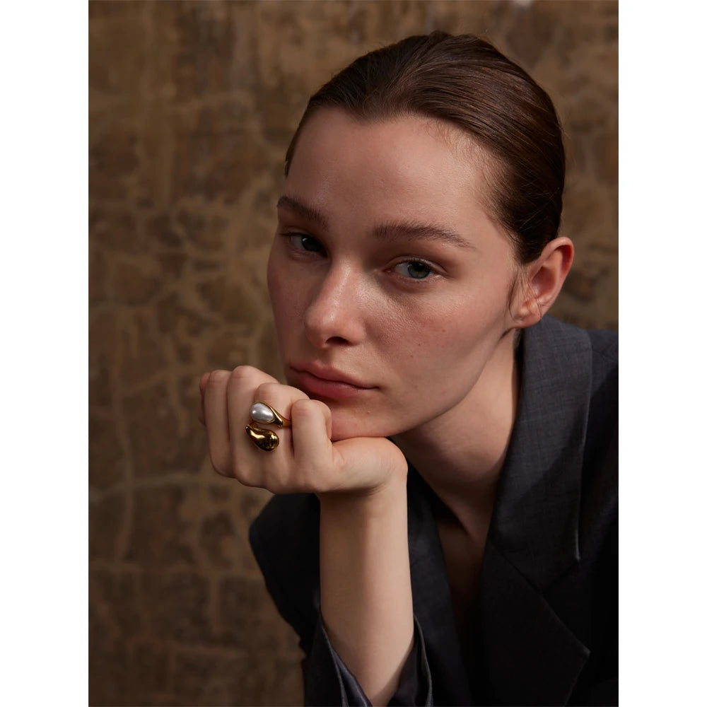 Imitation Pearl Water Drop Finger Adjustable Ring