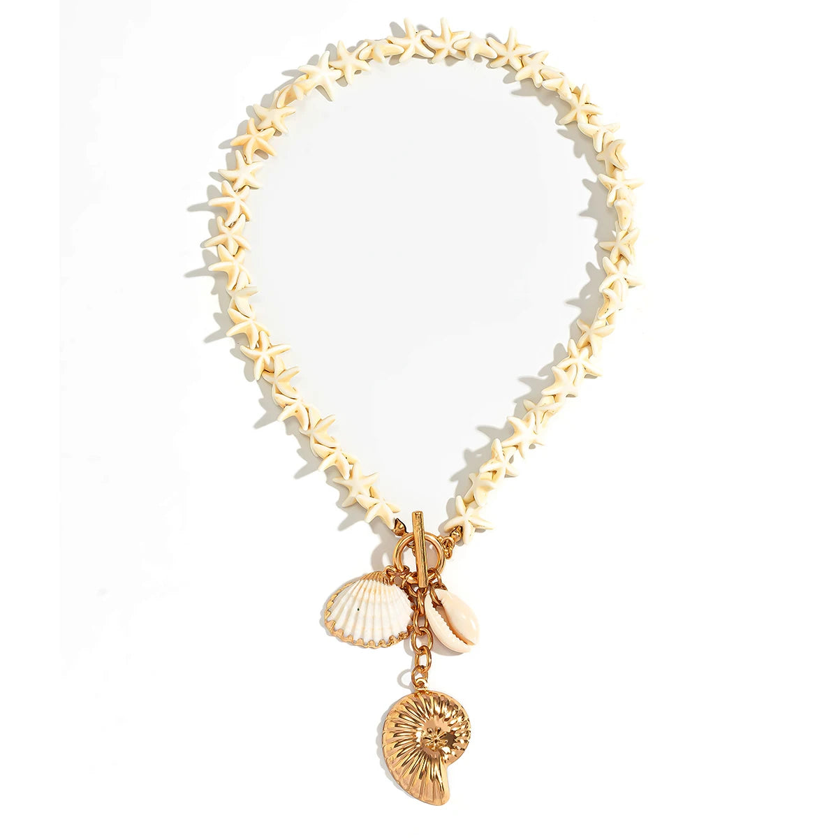 Boho White Starfish & Conch Shell Pendant Necklace