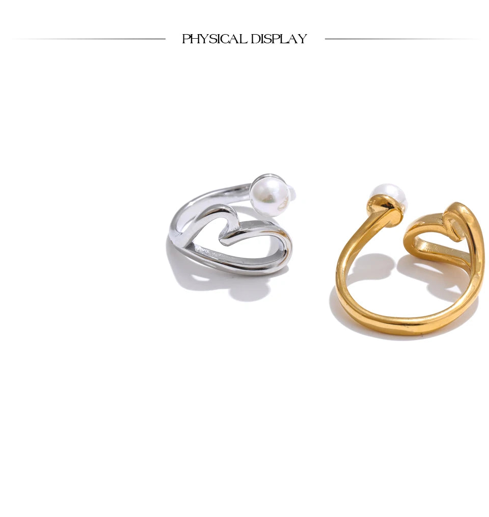 Hollow Heart Pearl Adjustable Ring