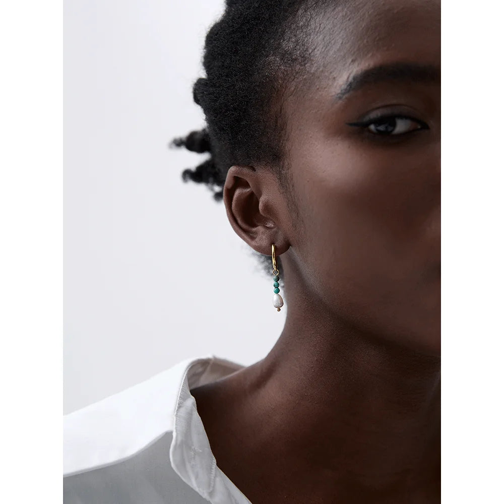 Natural Stone & Freshwater Pearl Drop Hoop Earrings