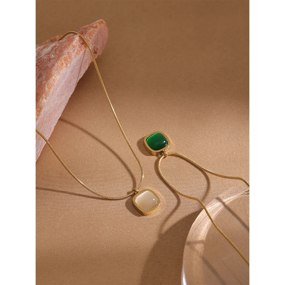 Square Green Opal Stone Pendant Necklace