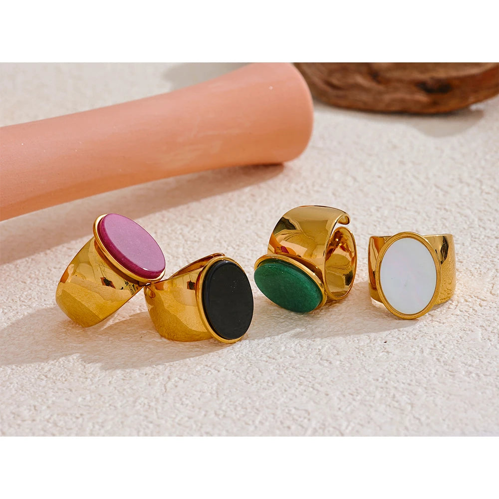 Stone Stainless Steel Gold Color Wide Ring