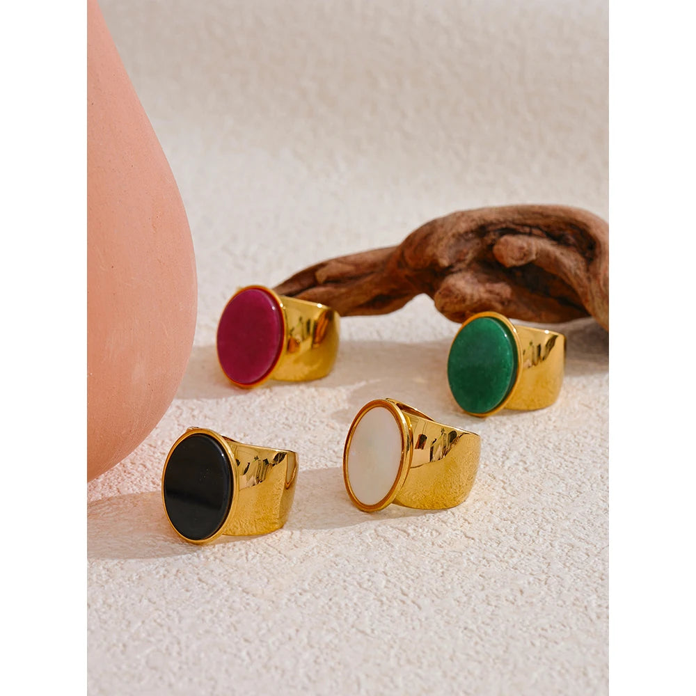Stone Stainless Steel Gold Color Wide Ring