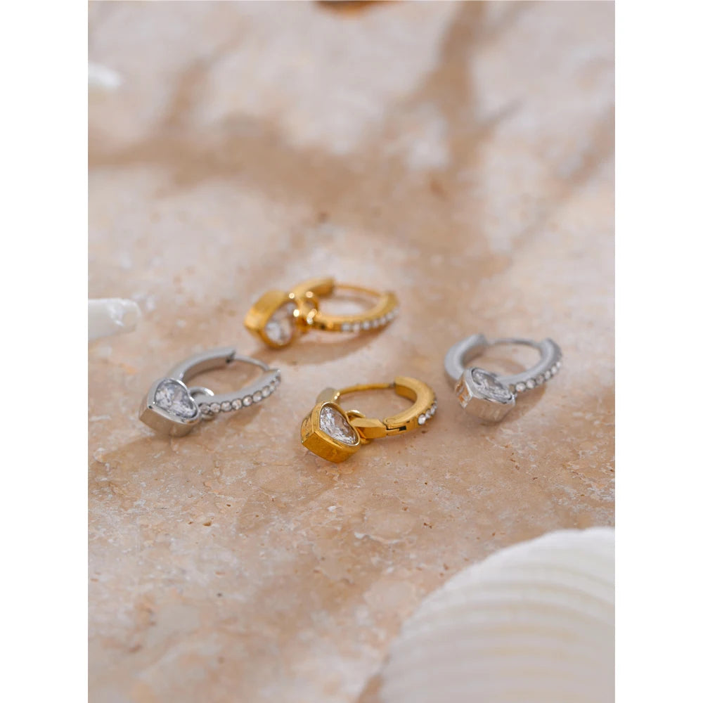 CZ Heart Drop Hoop Earrings