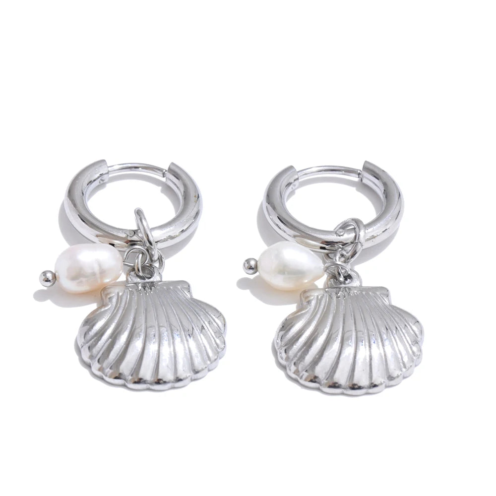 Ocean Style Natural Pearl & Conch Shell Starfish Drop Hoop Earrings