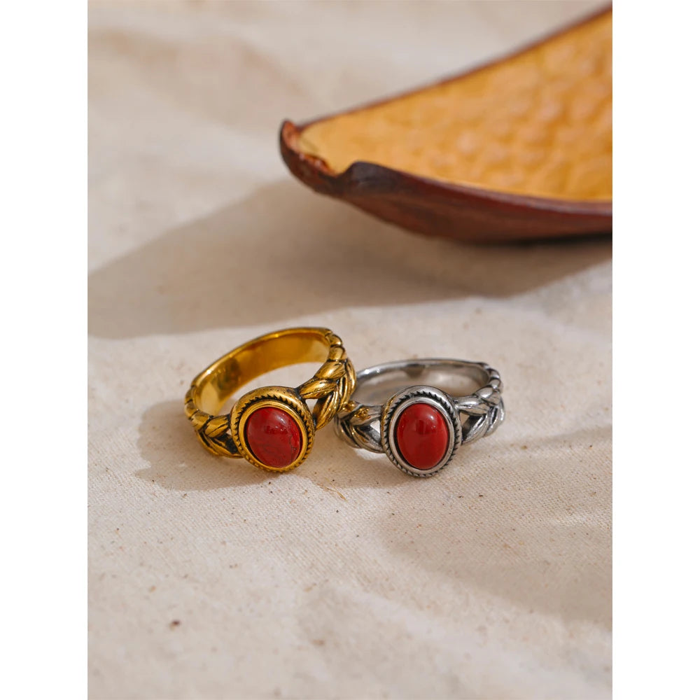 Retro Red & Black Natural Stone Ring