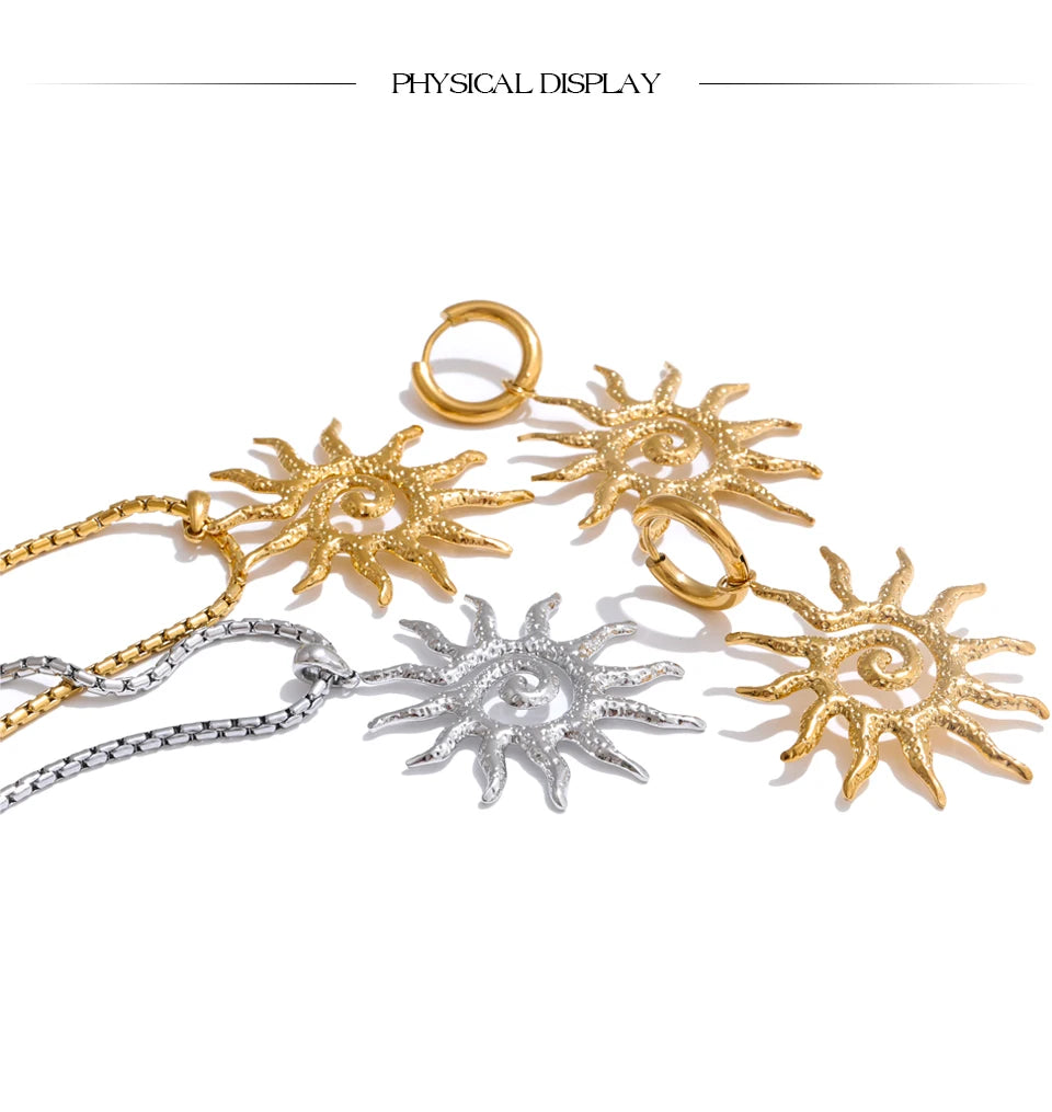 Stainless Steel Sun Drop Necklace & Hoop Earrings Set
