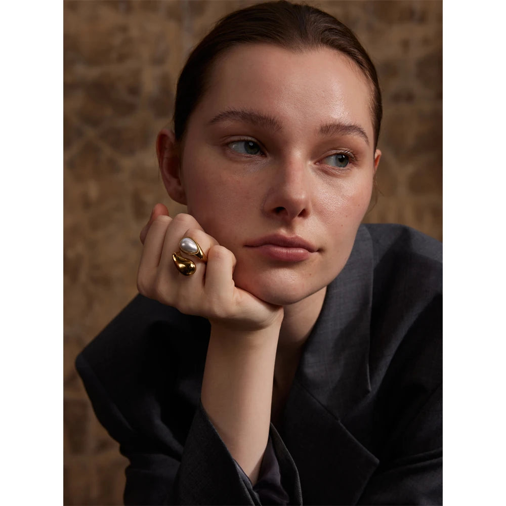 Imitation Pearl Water Drop Finger Adjustable Ring