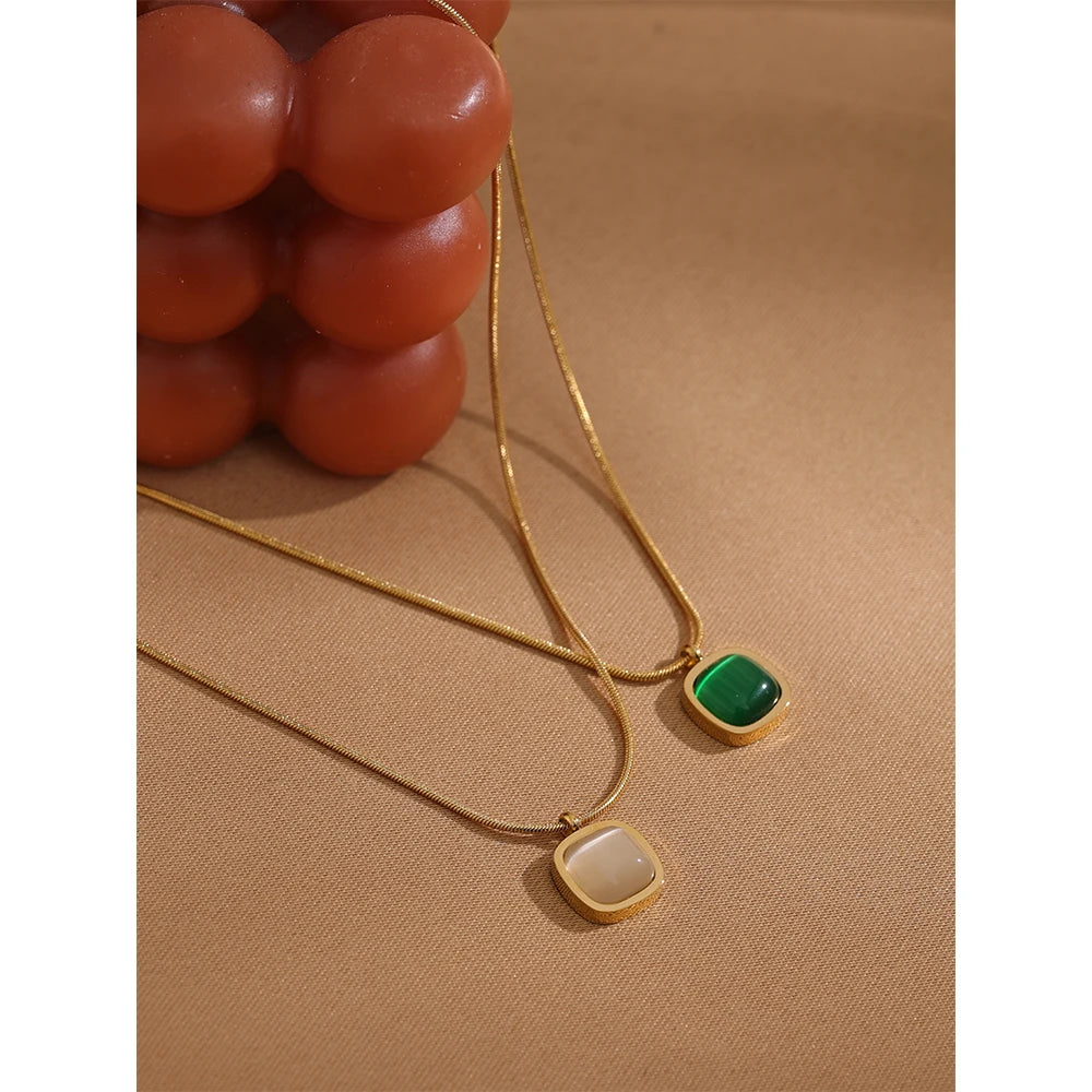 Square Green Opal Stone Pendant Necklace