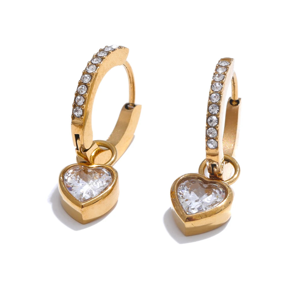 CZ Heart Drop Hoop Earrings