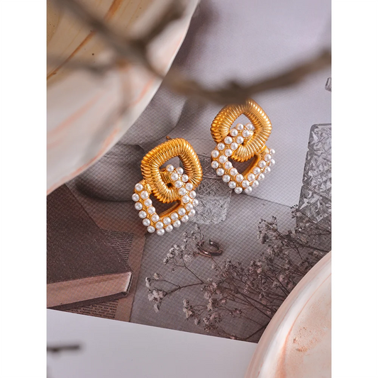 Vintage Square Pearl & CZ Stud Earrings