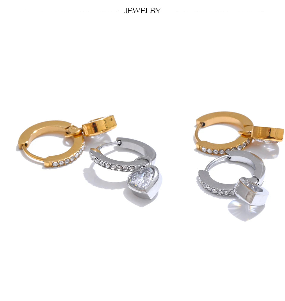 CZ Heart Drop Hoop Earrings