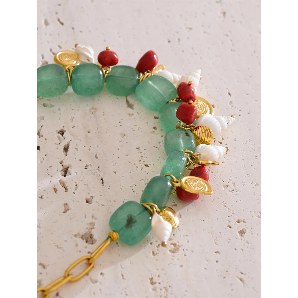 Handmade Green Natural Stone & Conch Shell Drop Necklace
