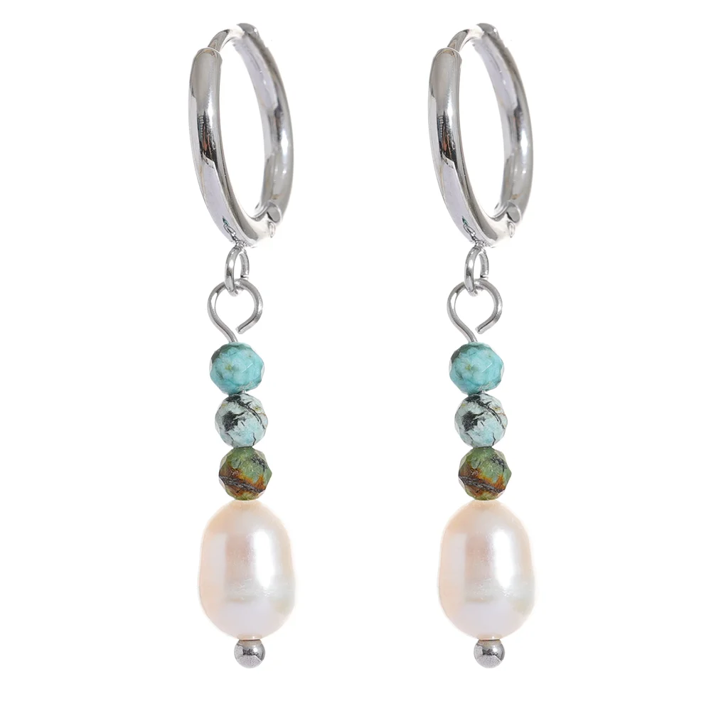 Natural Stone & Freshwater Pearl Drop Hoop Earrings