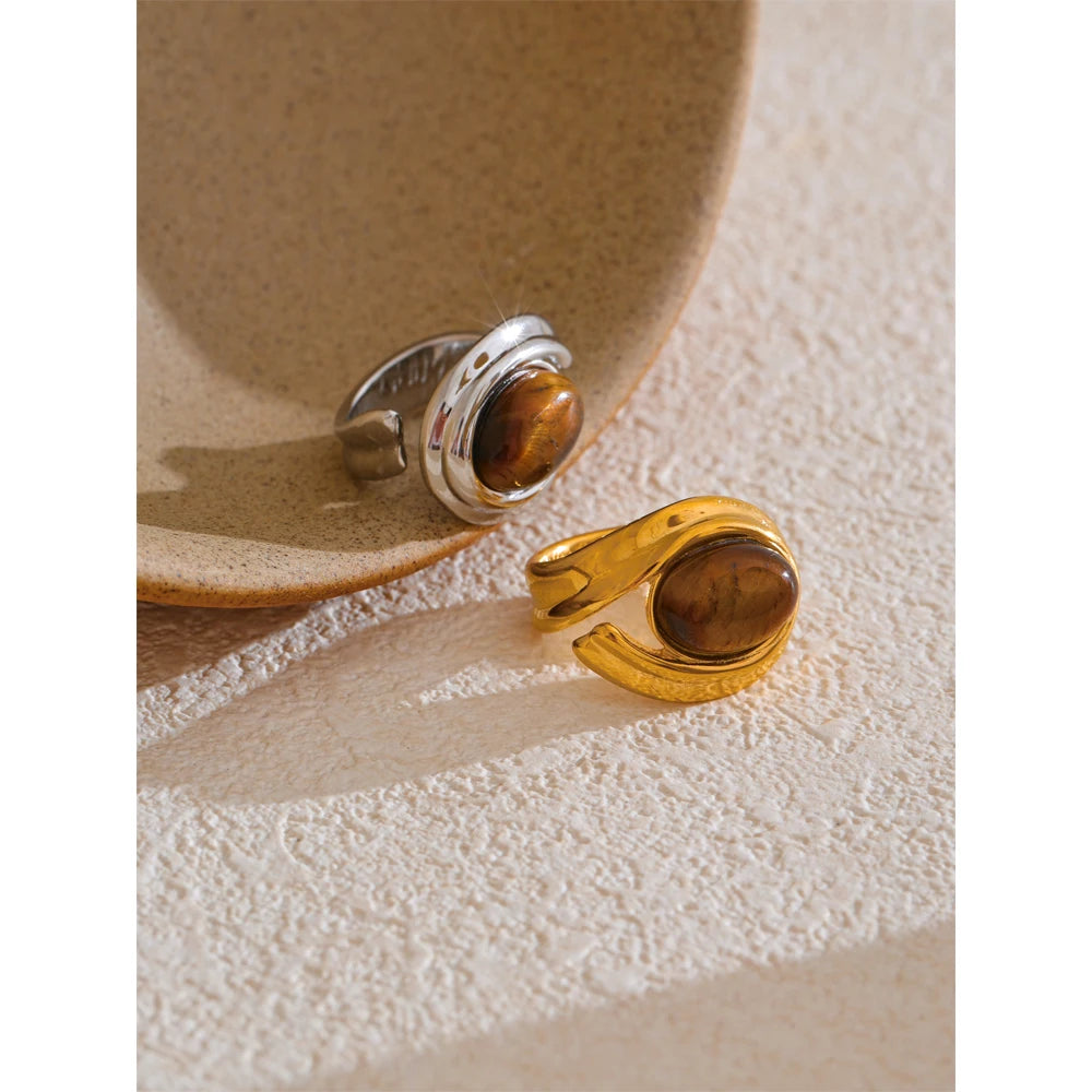 Natural Tiger Stone Stainless Steel Ring