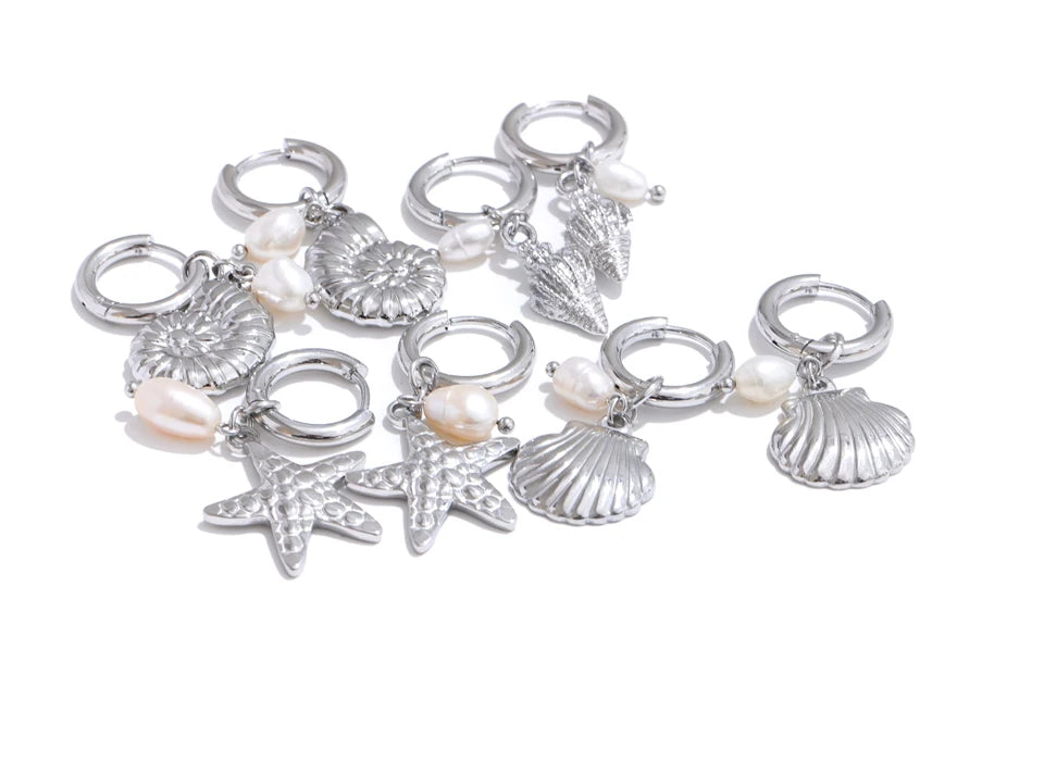 Ocean Style Natural Pearl & Conch Shell Starfish Drop Hoop Earrings