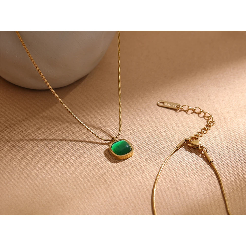 Square Green Opal Stone Pendant Necklace