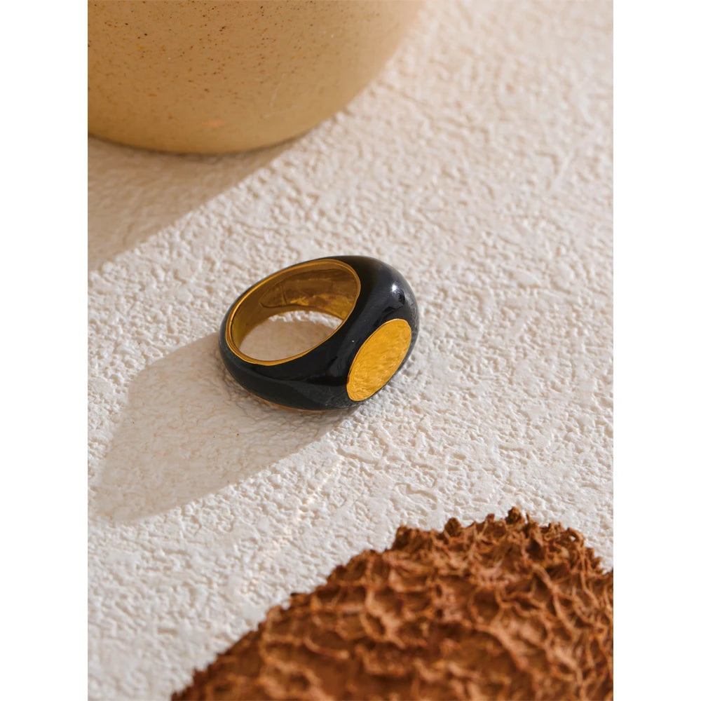 Stainless Steel Black Enamel Geometric Ring