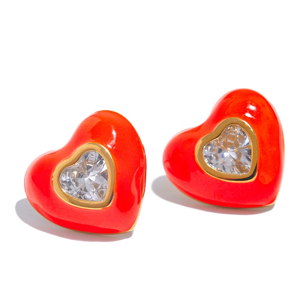 Enamel Shiny Cubic Zirconia Heart Stud Earrings